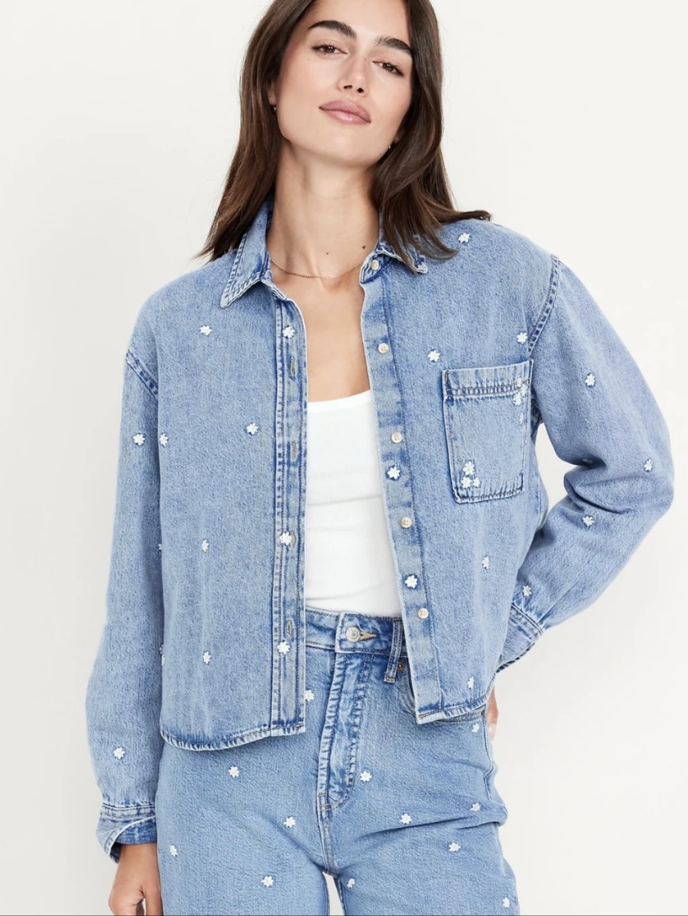 Cropped Denim Embroidered Floral Shirt